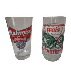 2 Vintage Budweiser Bud Frog Nascar Glasses Beer Glass